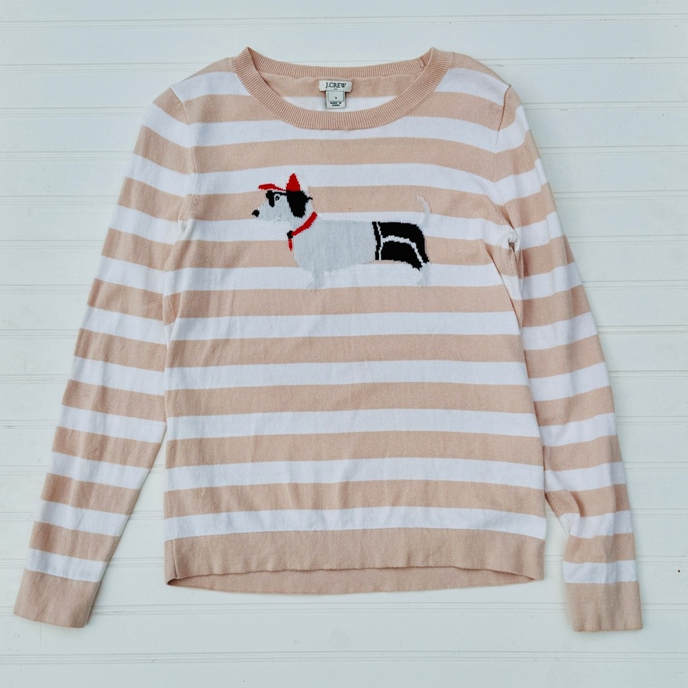 J. Crew Beige and White Striped Sweater with Dog Design